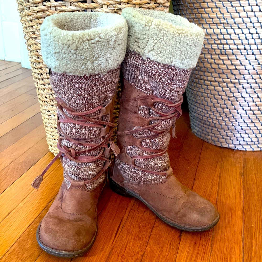 Ugg Shearling Chocolate Brown Sweater Lace Up Boots Size 5